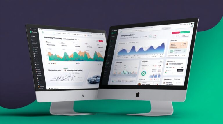 Dva iMac računara prikazuju analitiku affiliate marketing sajta sa grafikonima i statistikom