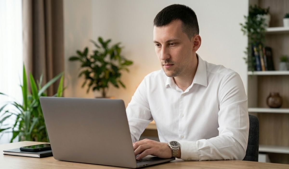 Muškarac radi na laptopu za stolom u kancelariji dok planira ili izrađuje sajt