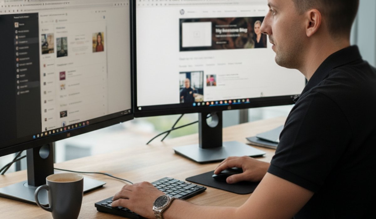 Muškarac radi za računarom sa dva monitora i priprema sadržaj i strukturu sajta